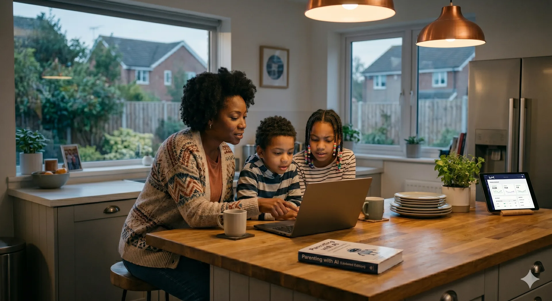 mother and two children looking at laptop in their kitchen