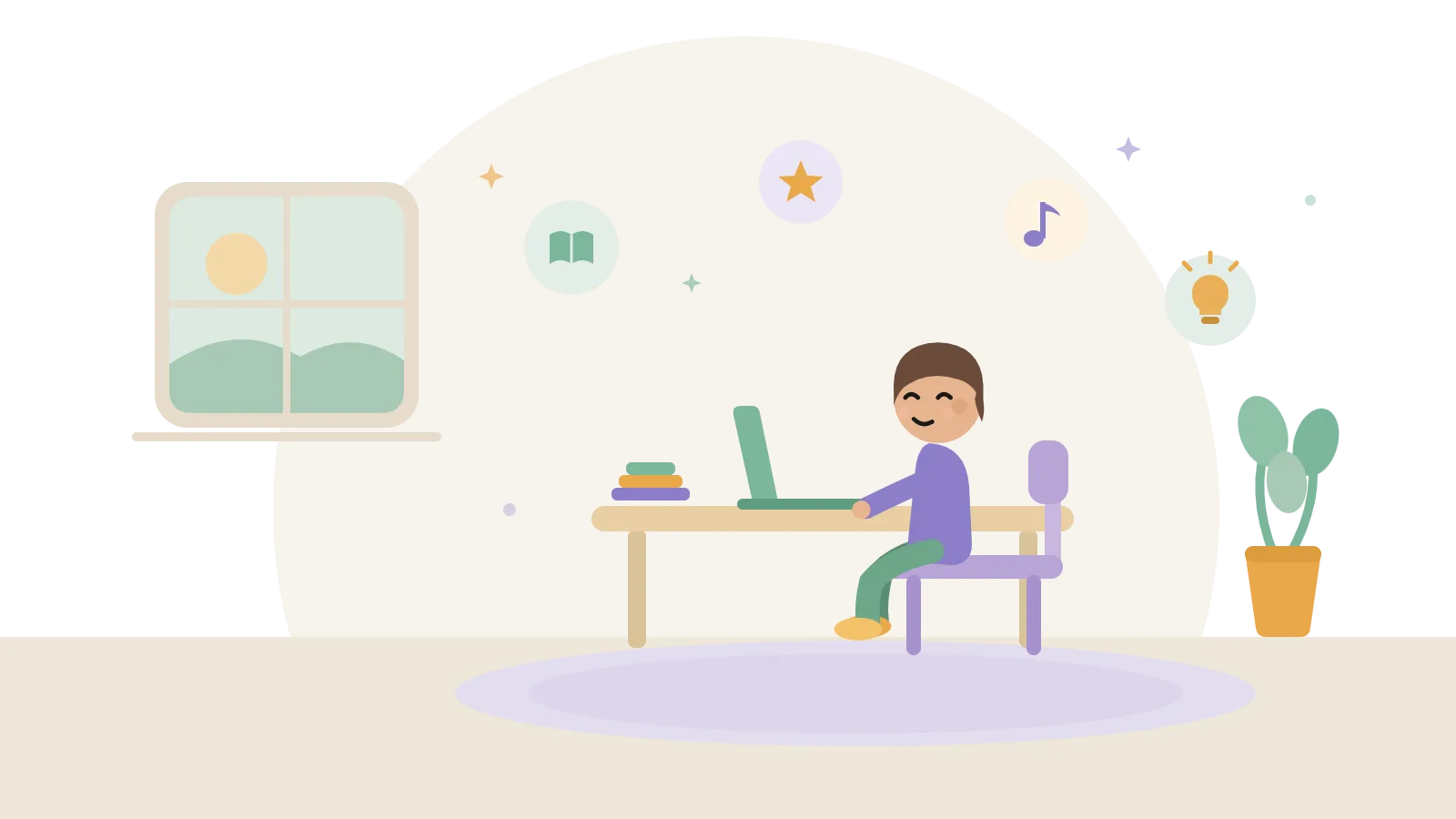 Flat illustration of a child sitting at a sunny desk using a laptop, with floating icons for reading, learning and creativity around them.