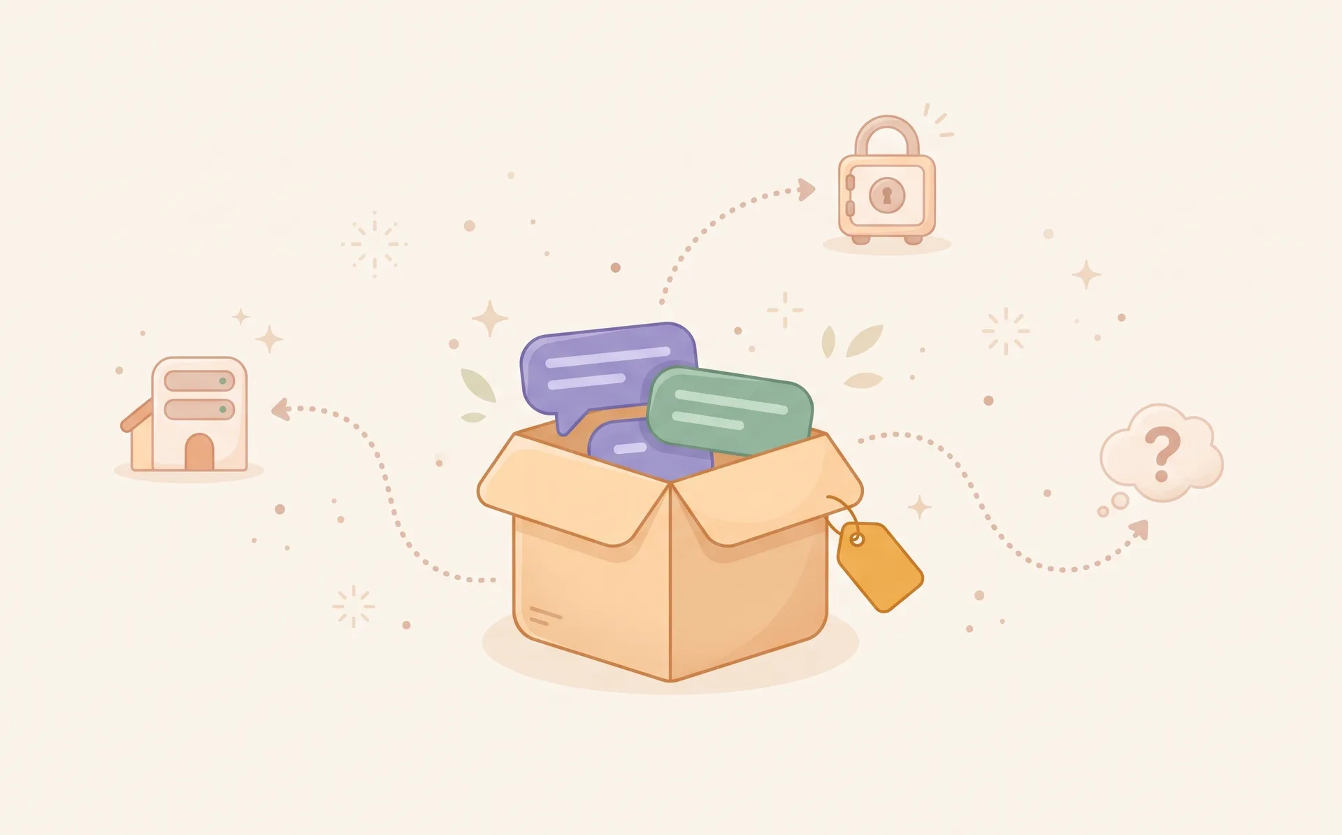 Illustration of a moving box filled with chat bubbles, with three dotted paths leading to a building, a locked safe and a question mark.