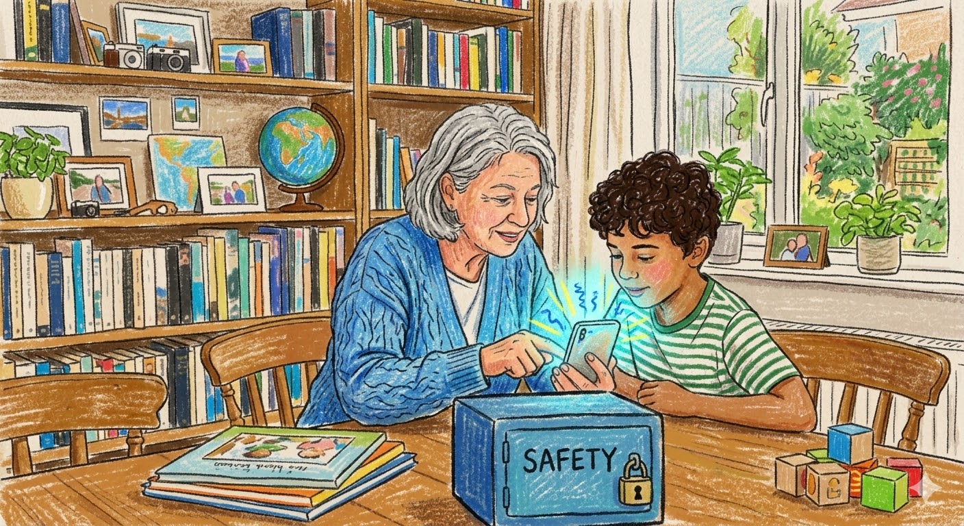 crayon drawing of grandmother and son raising digital awareness