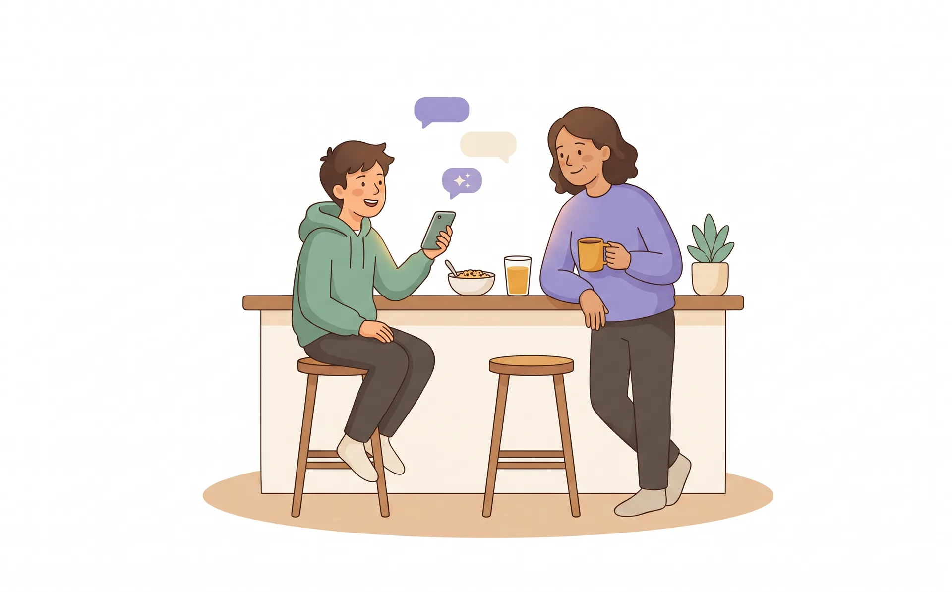 Illustration of a teenager showing their phone to a parent at a breakfast bar, with small chat bubbles floating above the phone.