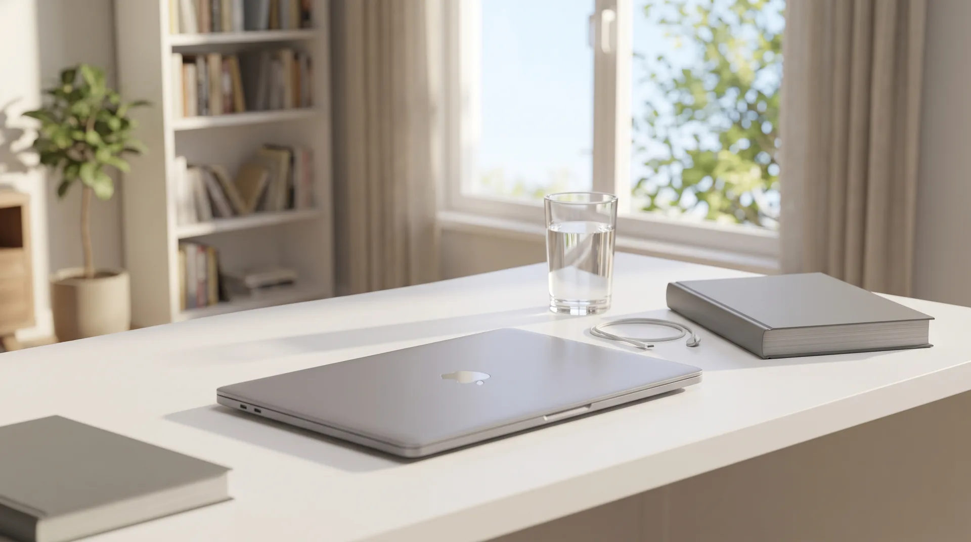 The same desk in daylight, laptop closed, with a mug of tea, books and a glass visible in the morning light.