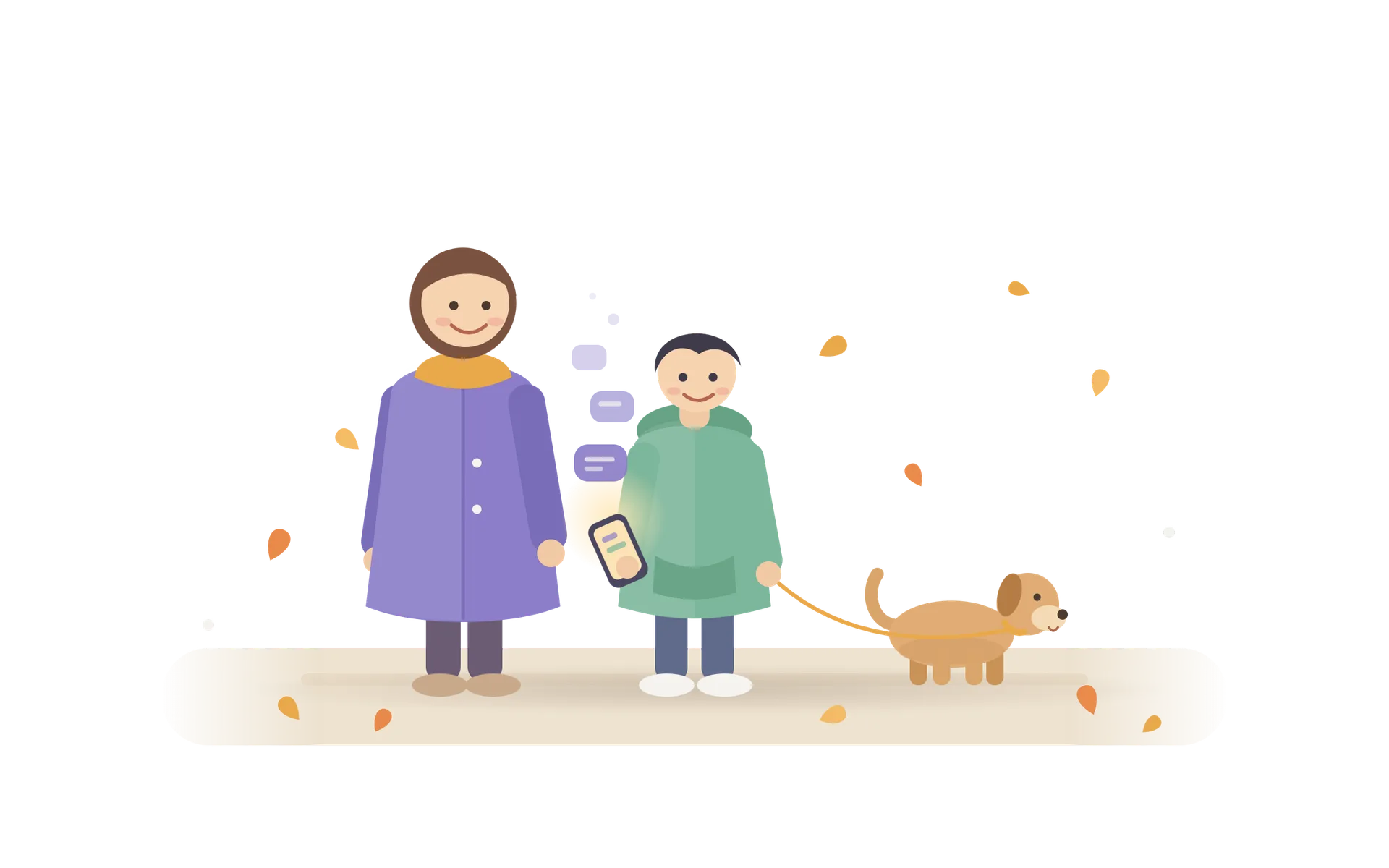 Illustration of a parent and teenager chatting on an autumn walk with their dog, with small chat bubbles floating up from the teen’s phone.