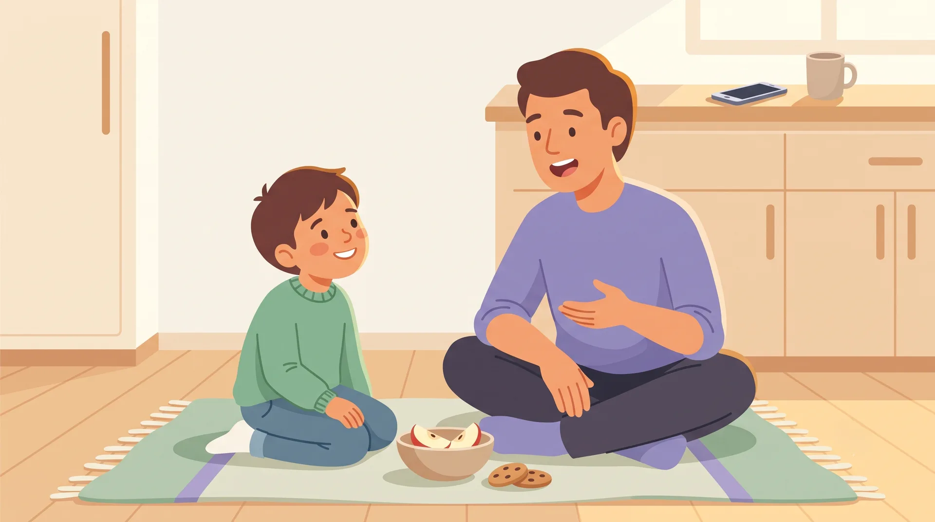 A parent and child chatting easily during an ordinary moment at home, mid-conversation and smiling, with no screens in sight.