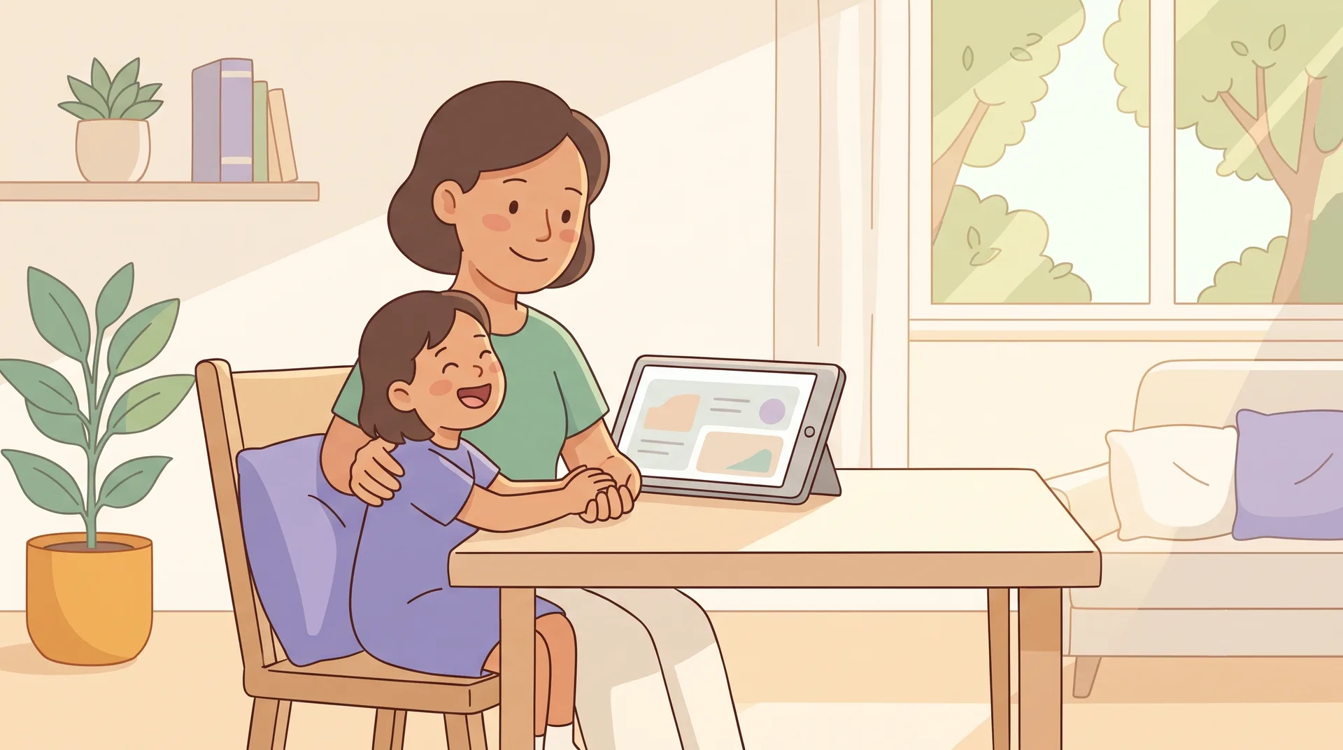 A calm, confident parent sitting close to their happy child at home, sharing a warm and connected moment, looking empowered rather than overwhelmed.