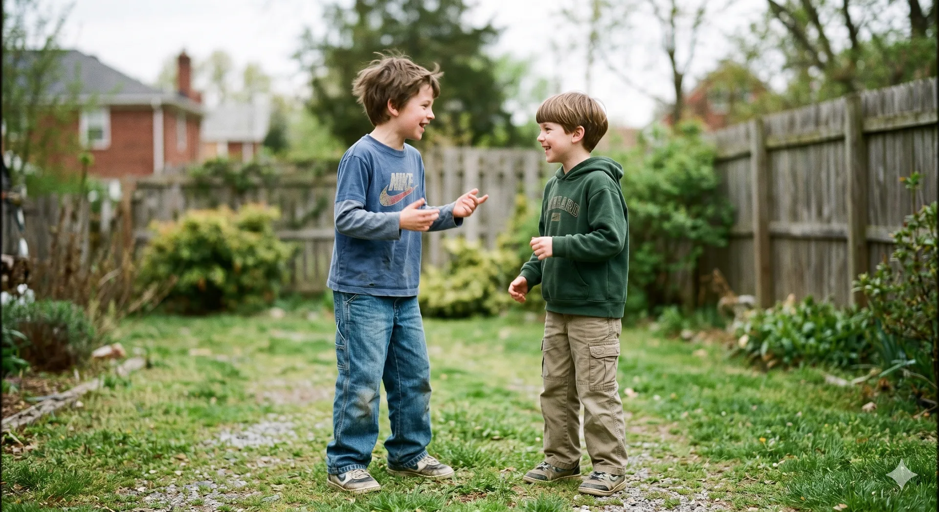 two young boys playing outside in their garden