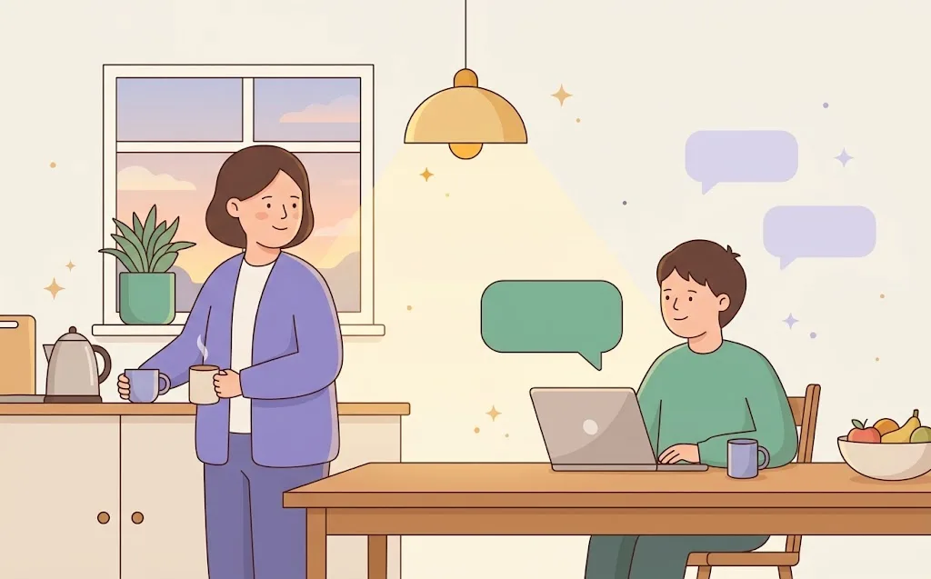 Illustration of a parent making tea and chatting with a teenager at a kitchen table, with a half closed laptop and soft chat bubbles floating above it.