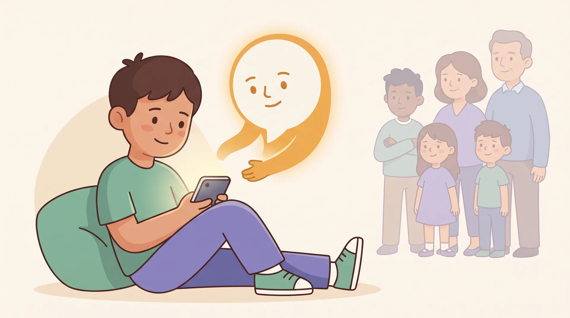 A teenager sitting close to a glowing phone with a warm AI presence reaching toward them, while real friends and family sit faded and slightly distant in the background.