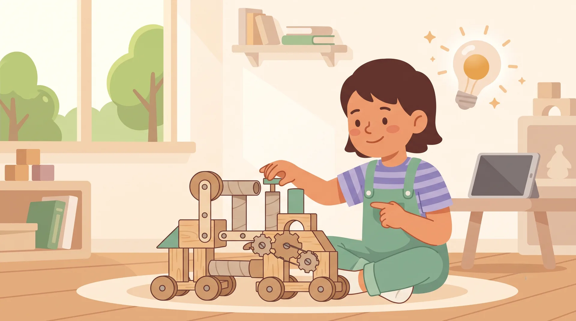 A happy, confident child in the middle of their own creative activity, building or drawing with a bright idea spark glowing beside them, a screen calmly in the background.