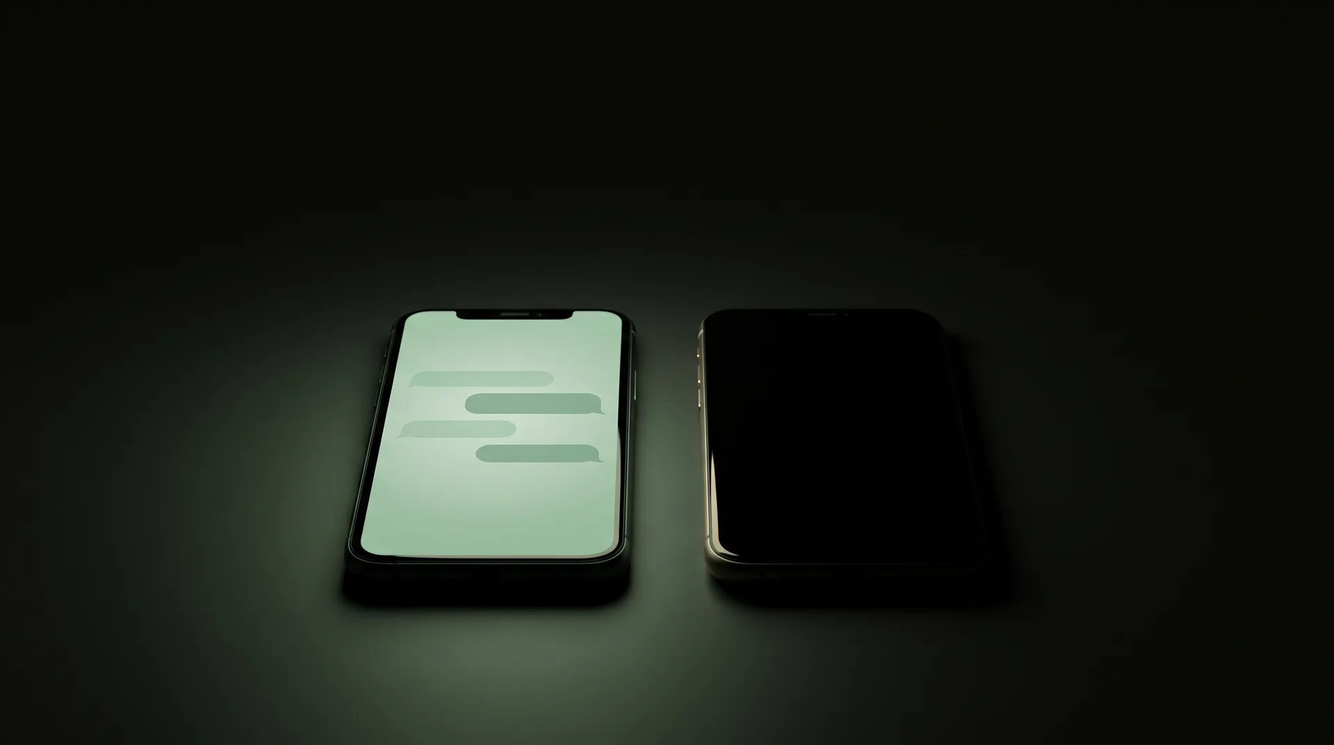 Two phones on a dark table at night, one with a glowing screen showing a conversation, the other switched off and barely visible.