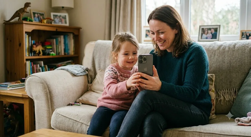mum and child looking through mobile phone together