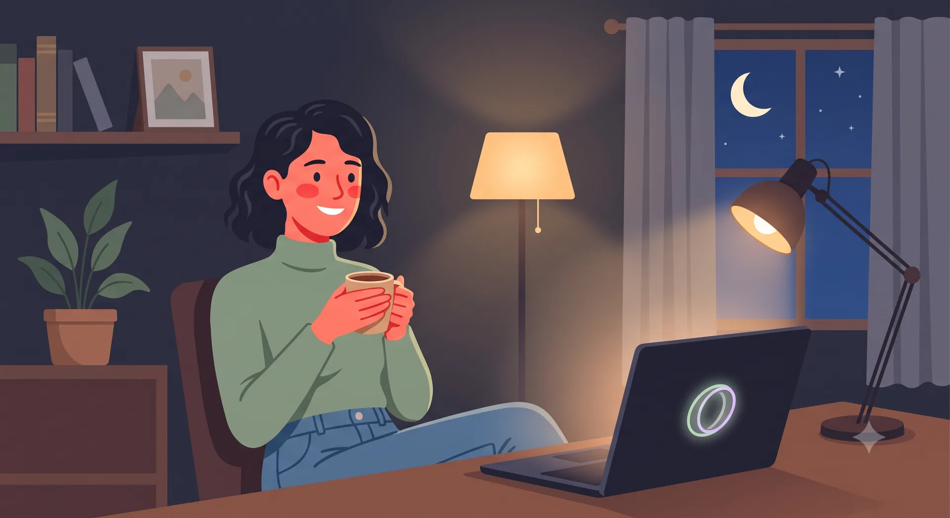 woman downloaded halo aware to monitor her childs ai chats looking happy at laptop