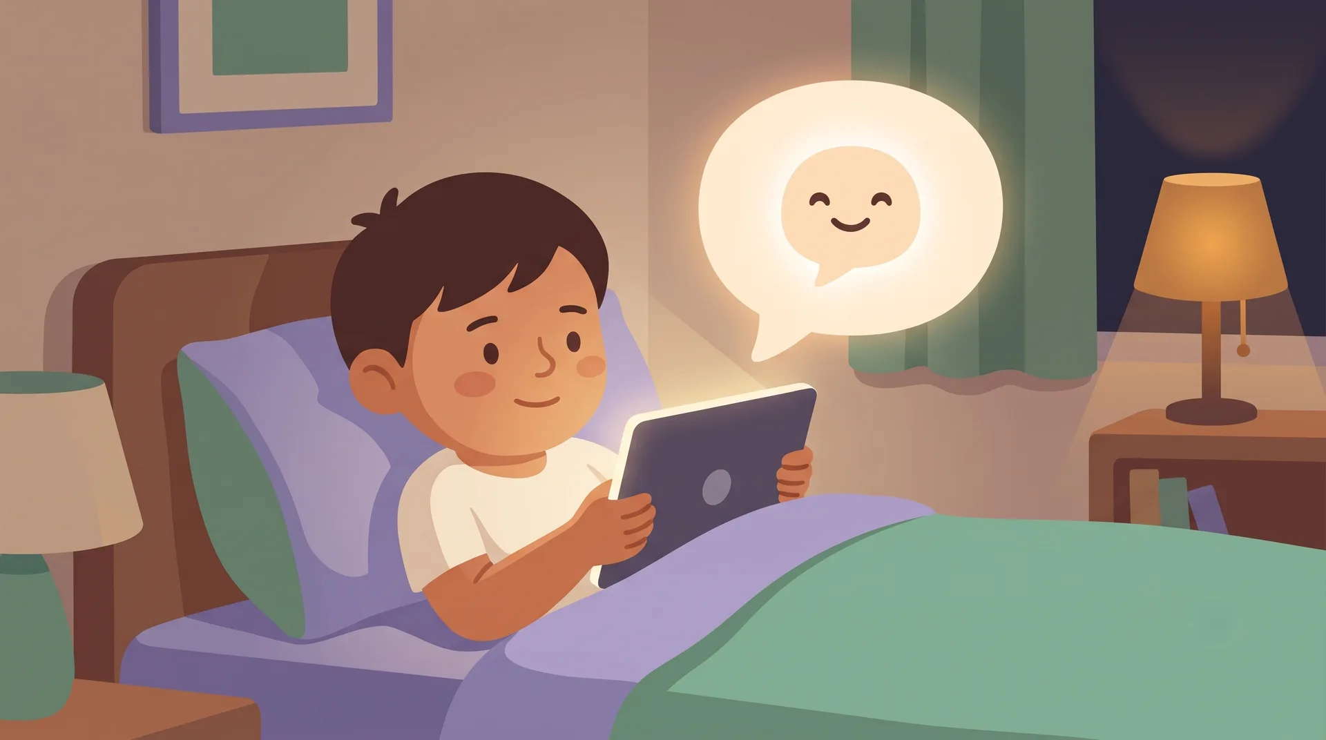 A child up late in a softly lit bedroom, chatting on a glowing phone as a friendly speech bubble with a small smiling face glows from the screen.