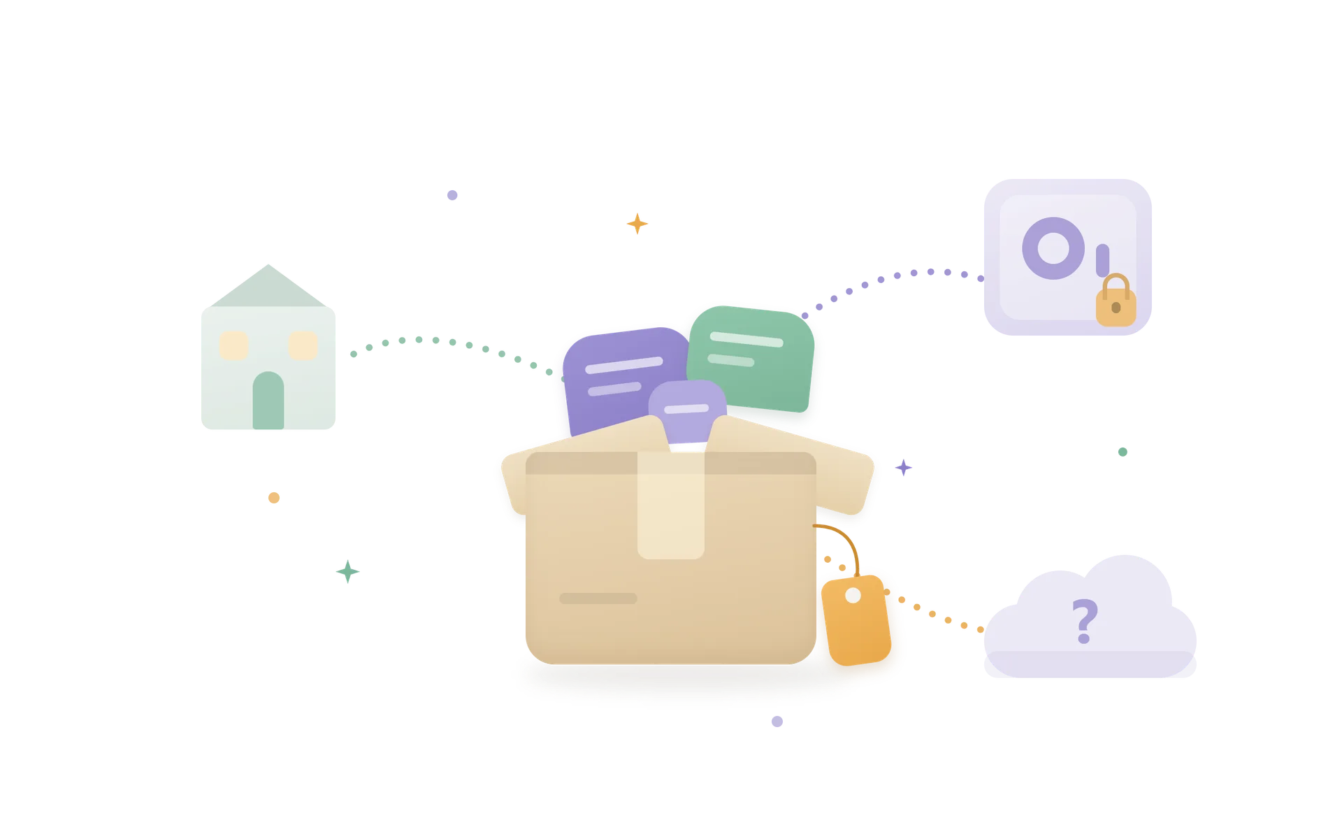 Illustration of a moving box filled with chat bubbles, with three dotted paths leading to a building, a locked safe and a question mark.