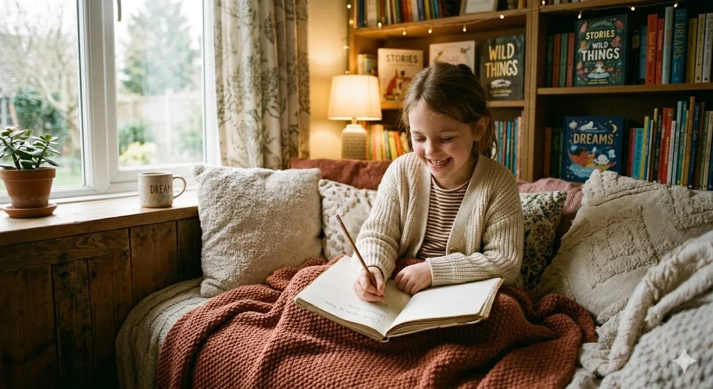 happy child writing a story in a book in a cozy room with blankets and fluffy pillows in front a bookshelf sat on a comfy sofa with nice ambient lighting