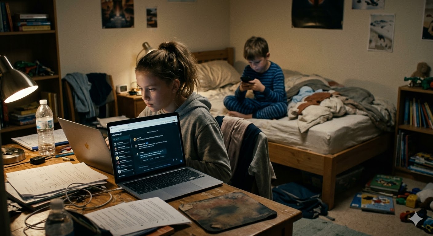 Child on the bed using phone, child on PC using laptop