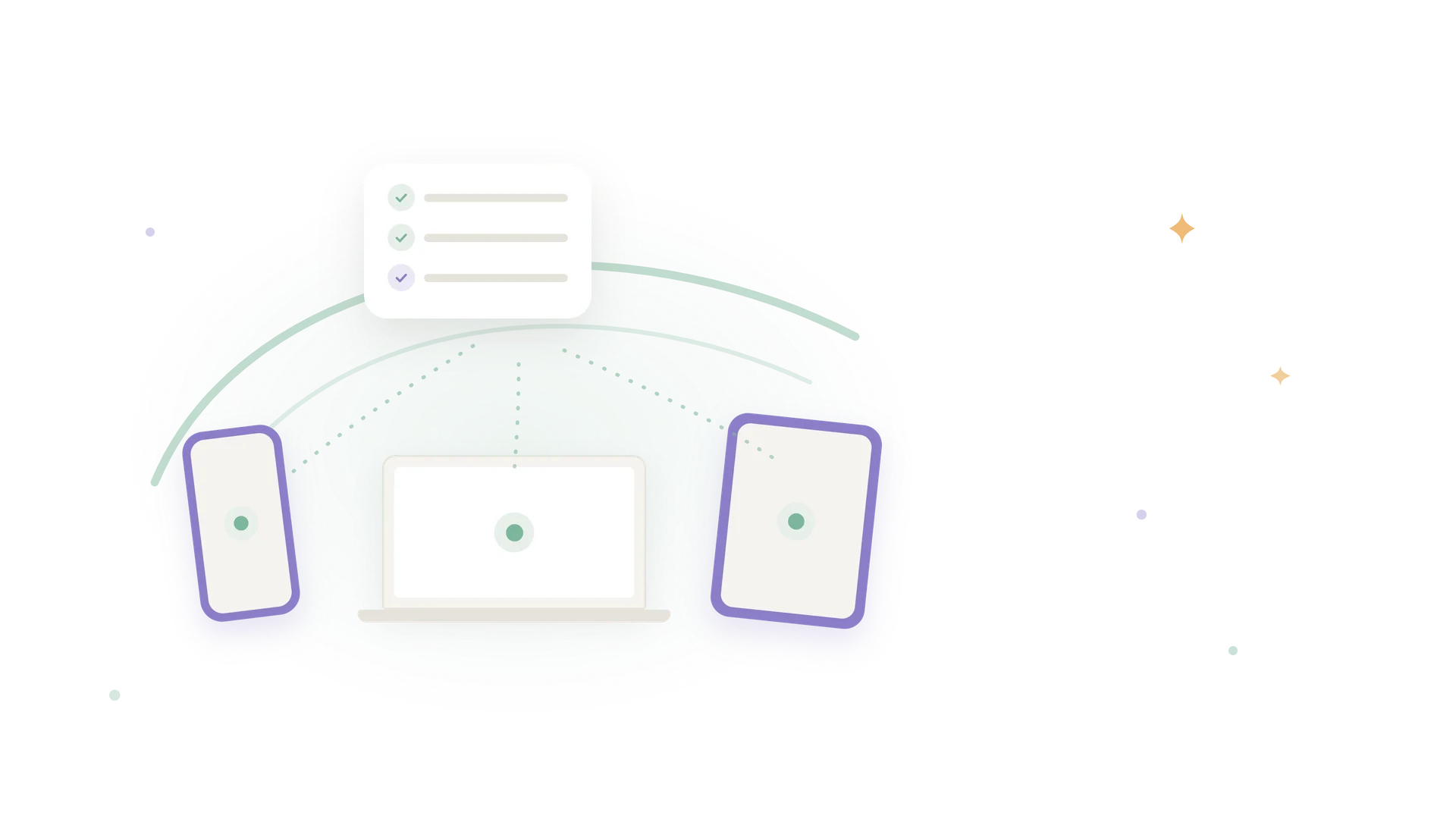 Flat illustration of a phone, laptop and tablet grouped together under one soft green glow, showing a single calm overview of all devices