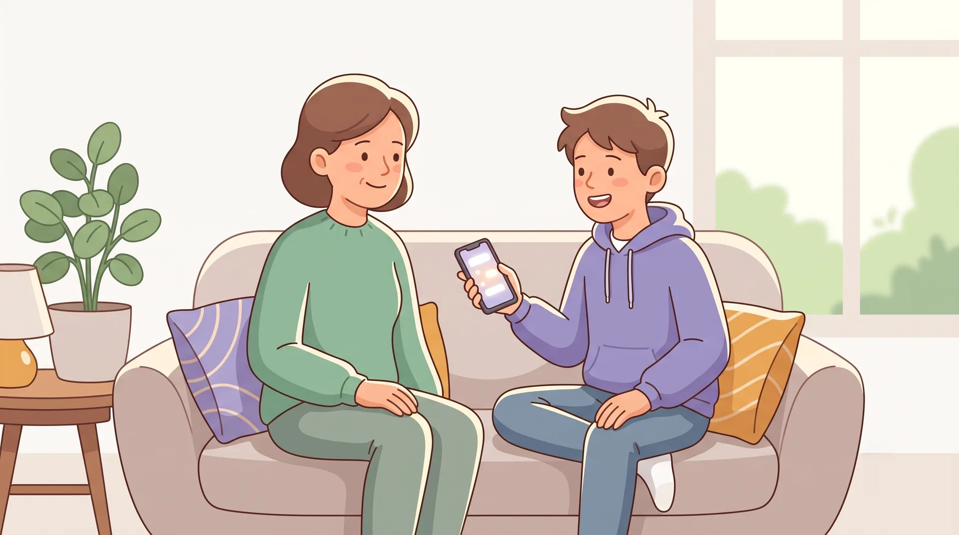 A parent and teenager sitting together and talking easily, one holding a phone and turning it toward the other so they can look at it together and chat.