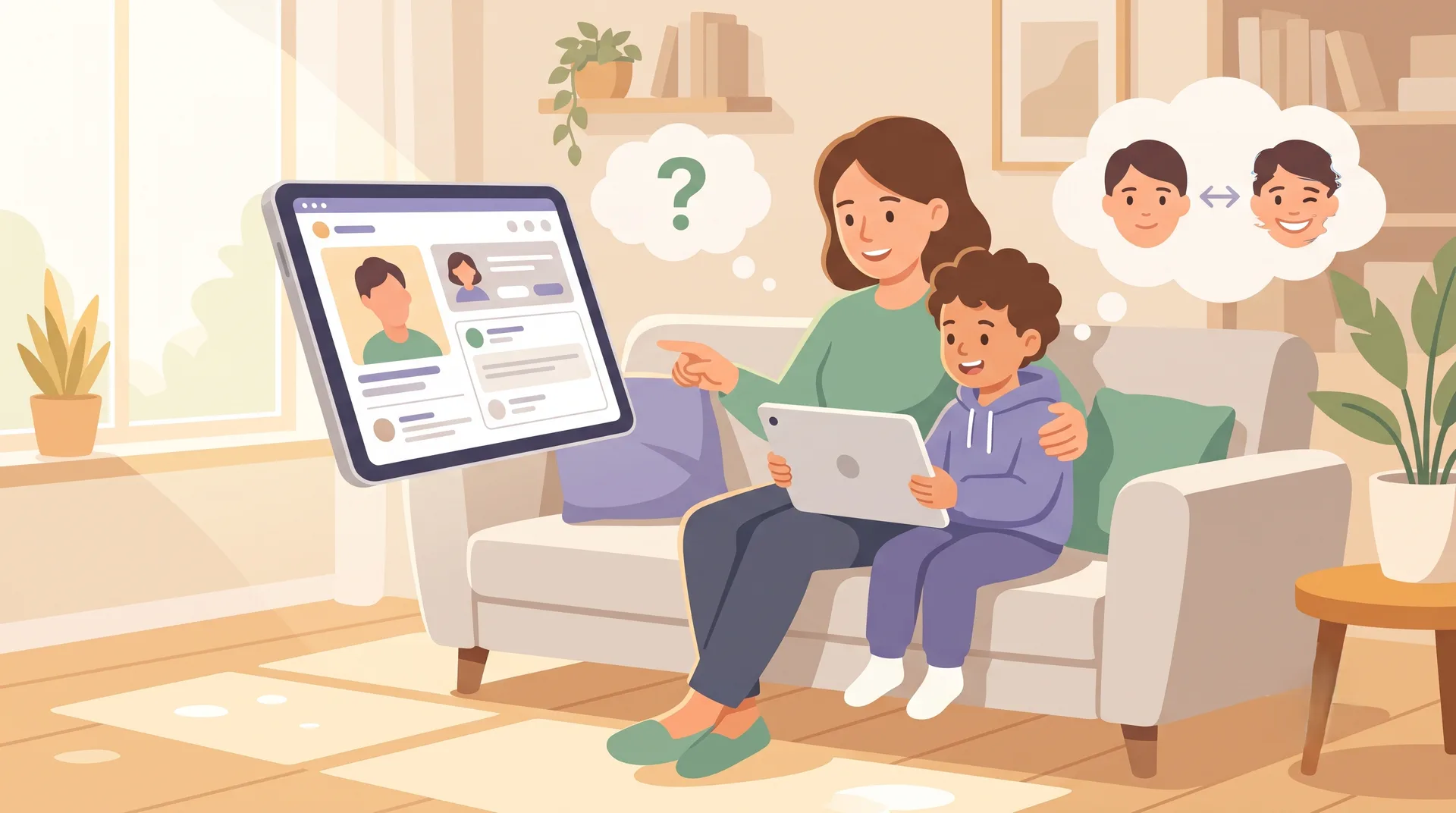A parent and child sitting together on a sofa looking at a tablet, with a thought bubble nearby showing two similar child faces side by side, hinting at the "which one is real?" deepfake question.