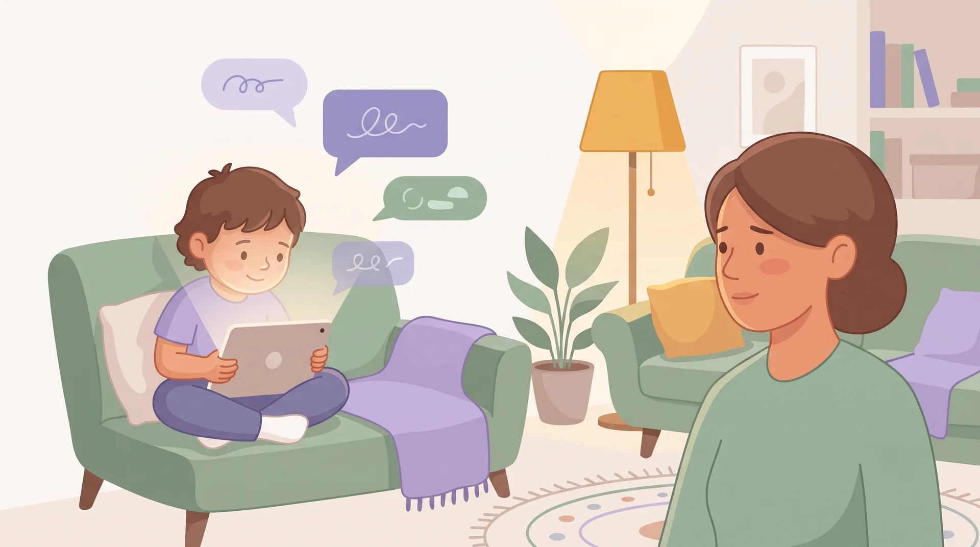 A parent and child together in a cosy room at evening, the child using a glowing device with soft speech bubbles drifting from the screen, the parent nearby looking on with quiet affection.