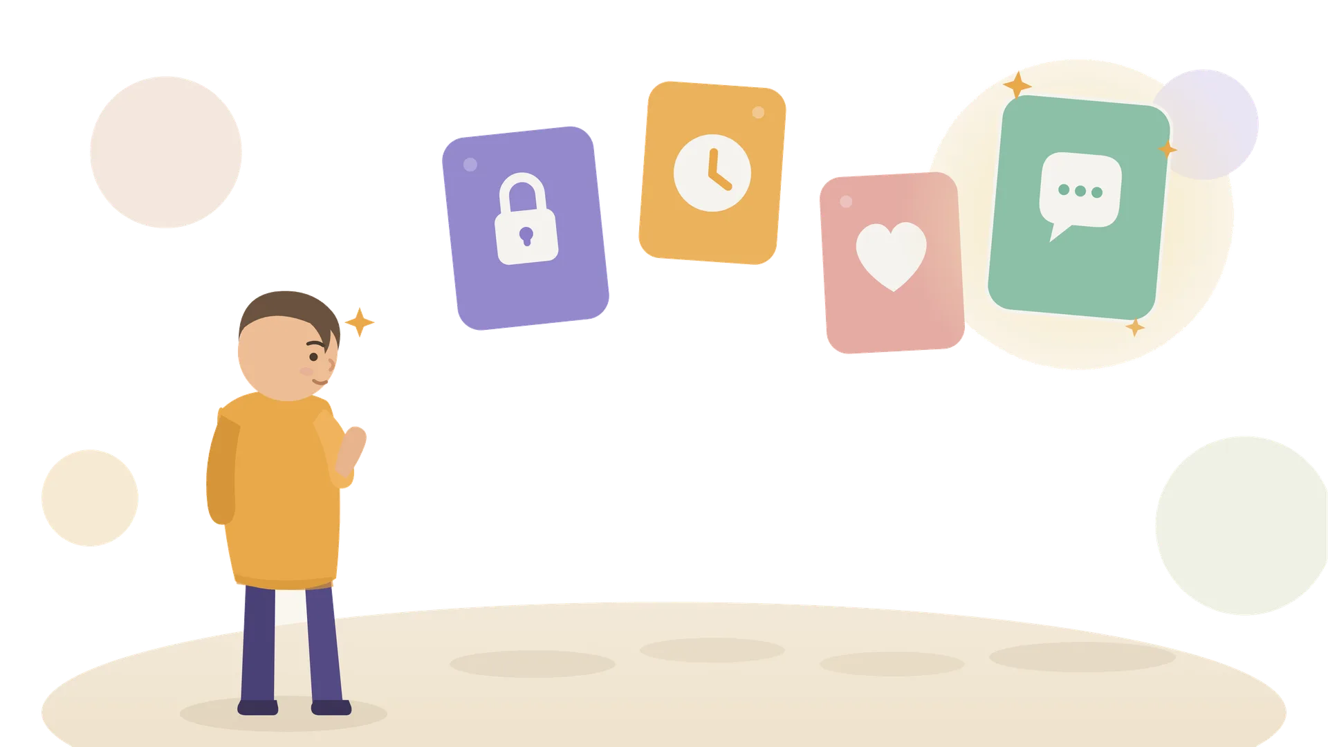 Illustration of a child looking up at four floating app cards showing a lock, clock, heart and chat bubble