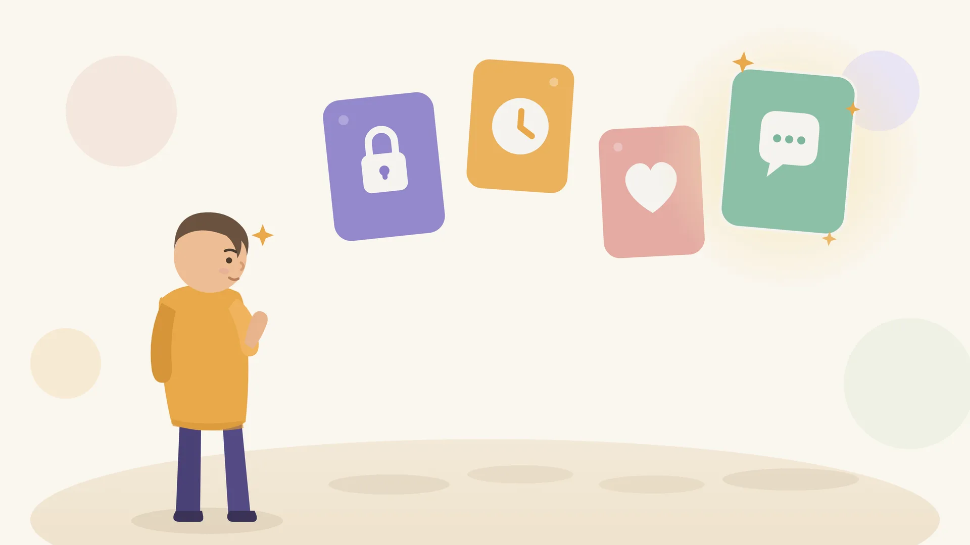 A parent looking at several floating app cards in different colours, one glowing brighter with a chat-bubble icon, standing out as the option that fits their need.