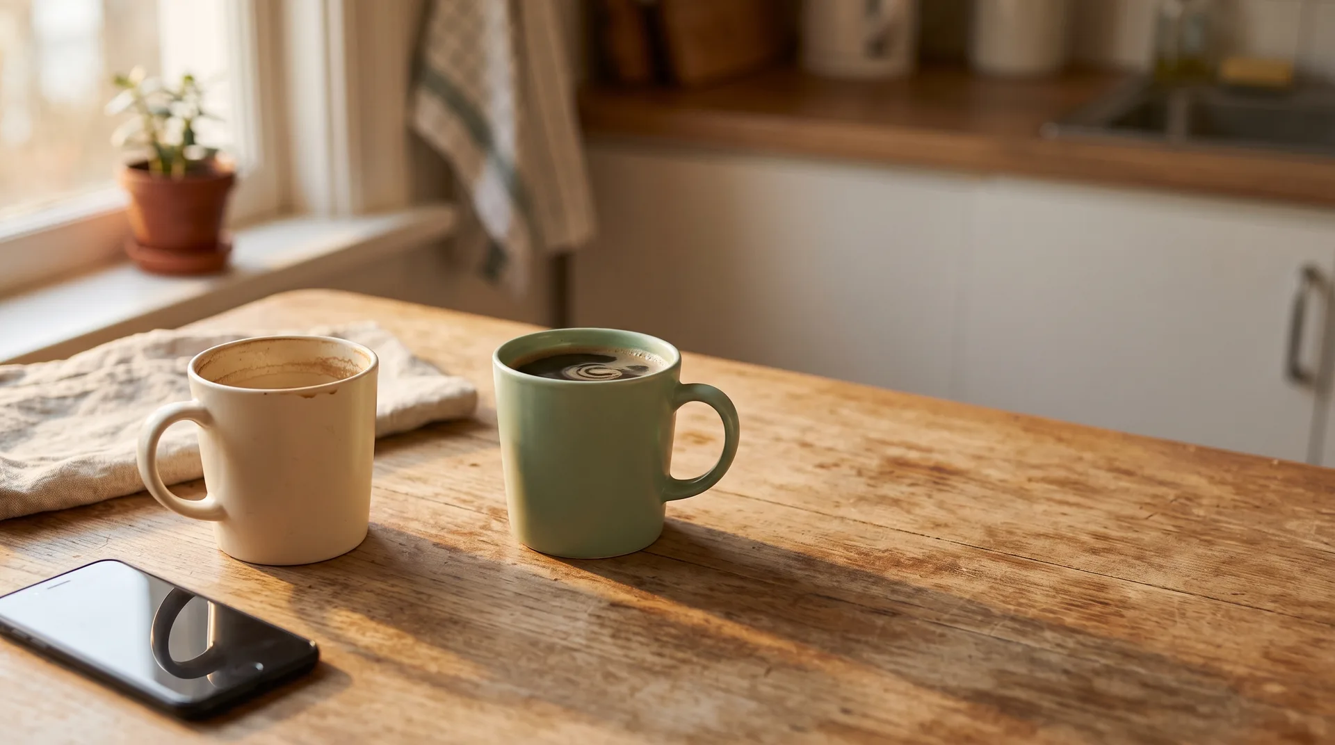 Two mugs of tea on a kitchen table in early morning light, with a phone face down to one side.