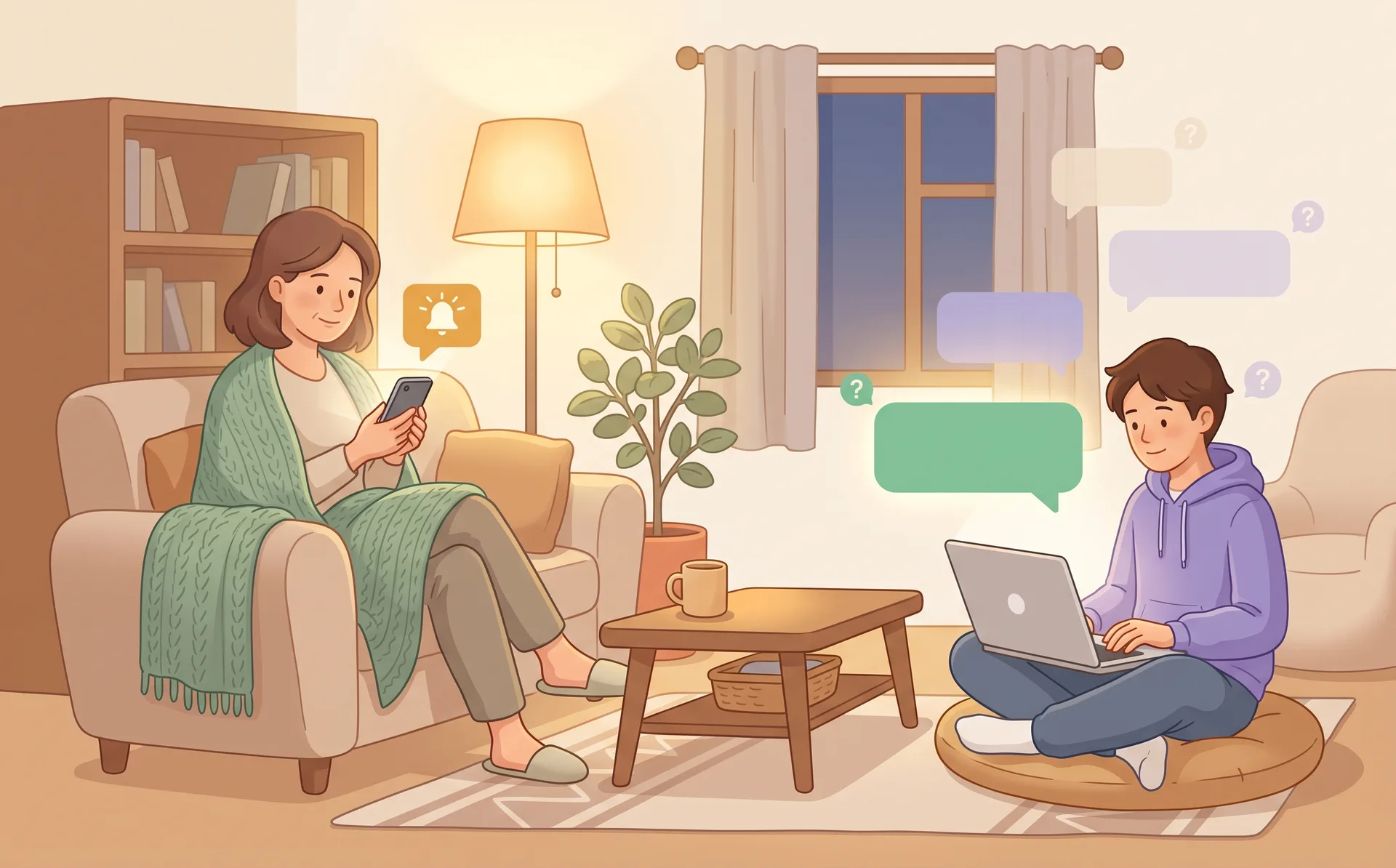 Illustration of a parent on a sofa checking a phone alert, while a teenager nearby types on a laptop surrounded by chat bubbles. One chat bubble is clear and the others are faded.