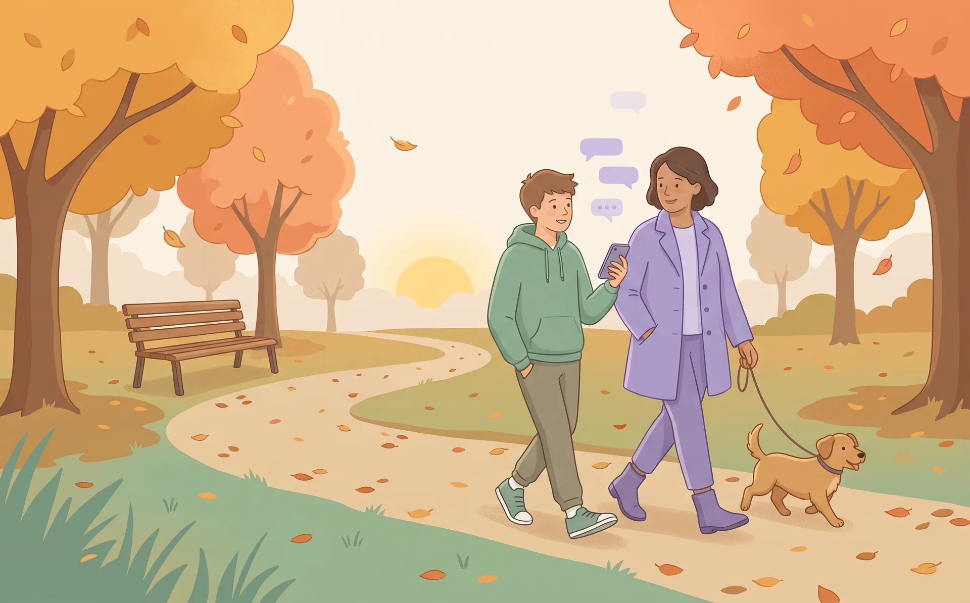 Illustration of a parent and teenager chatting on an autumn walk with their dog, with small chat bubbles floating up from the teen’s phone.