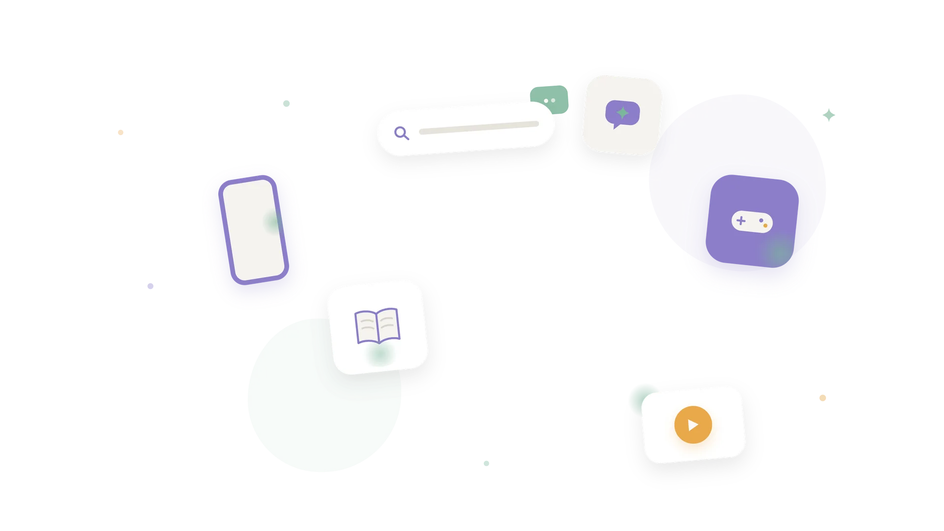 Flat illustration of everyday app icons — a search bar, game controller, book, message bubble and video player, each with a hidden green AI glow tucked inside.