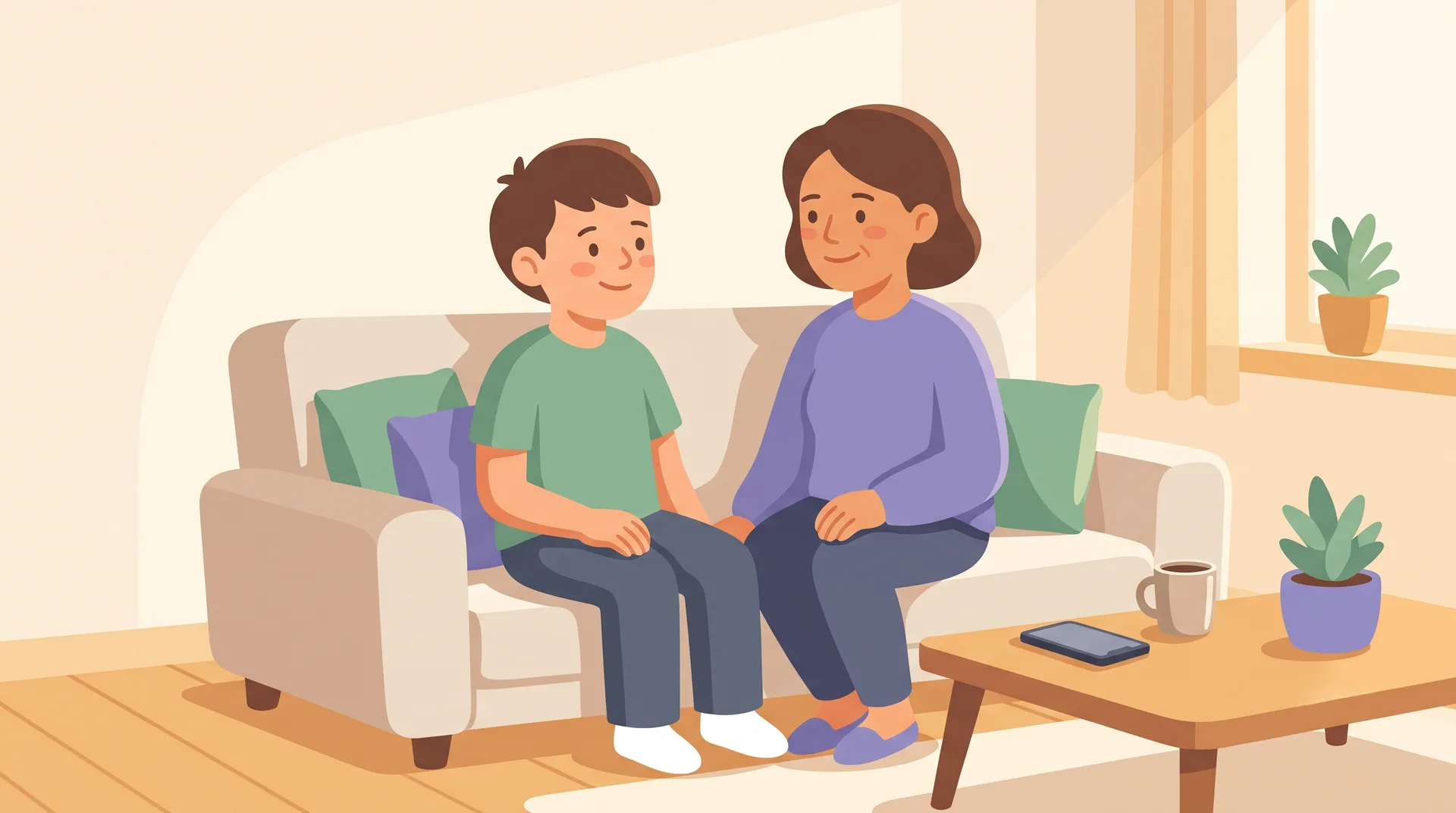 A parent and teenager sitting together at home in warm light, talking easily and relaxed, with a phone set aside nearby, no longer the focus.