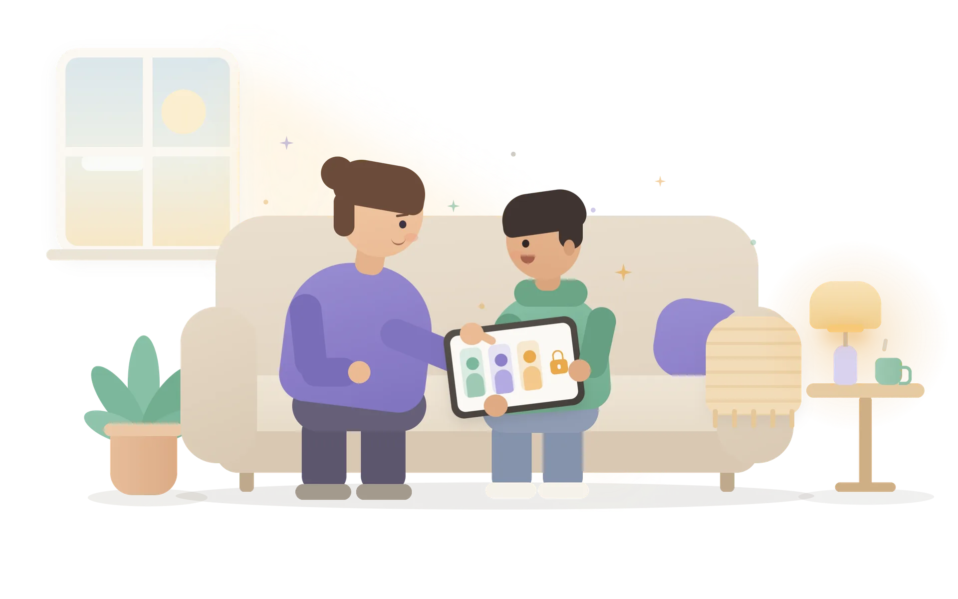 Illustration of a parent and child sitting together on a sofa, looking at a tablet showing cartoon character cards and a small padlock icon.