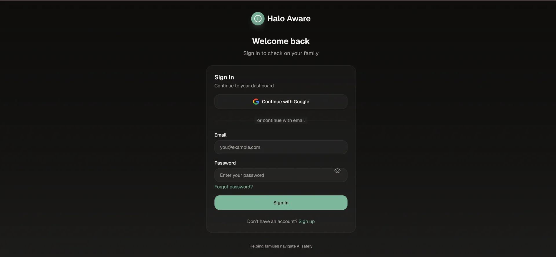 The Halo Aware log in screen showing email, password and ways to sign into your Halo Aware dashboard