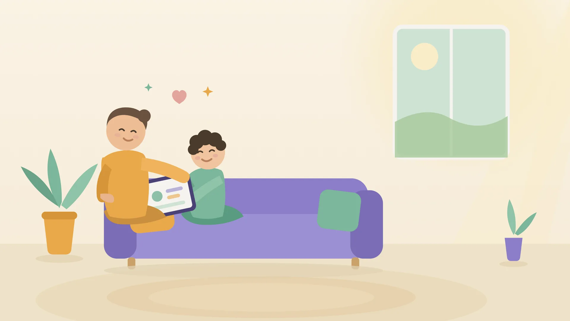 A parent and child relaxed together at home in warm daylight, smiling as the child shares something on a tablet, a calm and trusting moment.