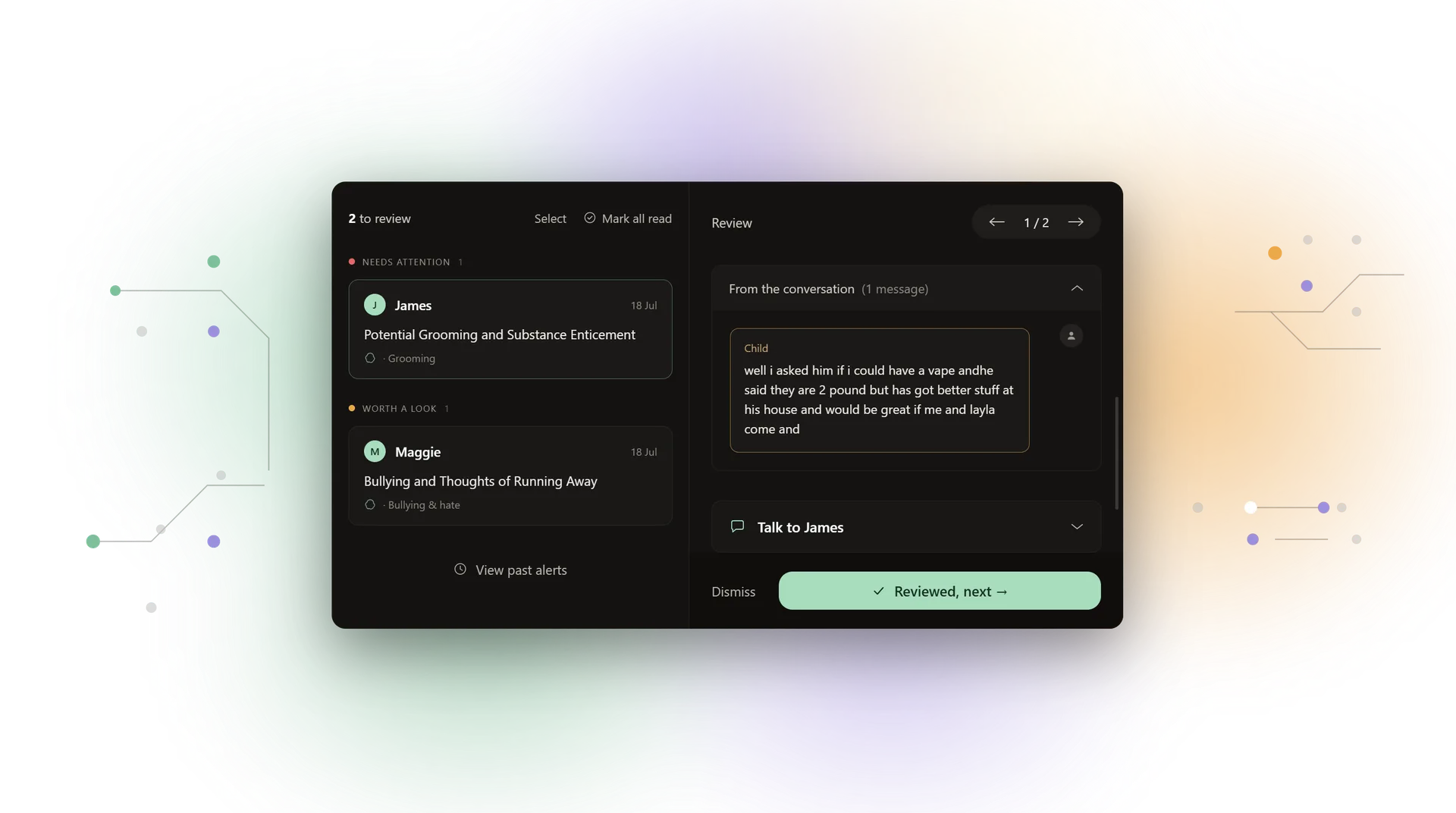 Dark two-pane alert review screen showing two flagged conversations and a highlighted child message, on a soft green-purple-amber glow.