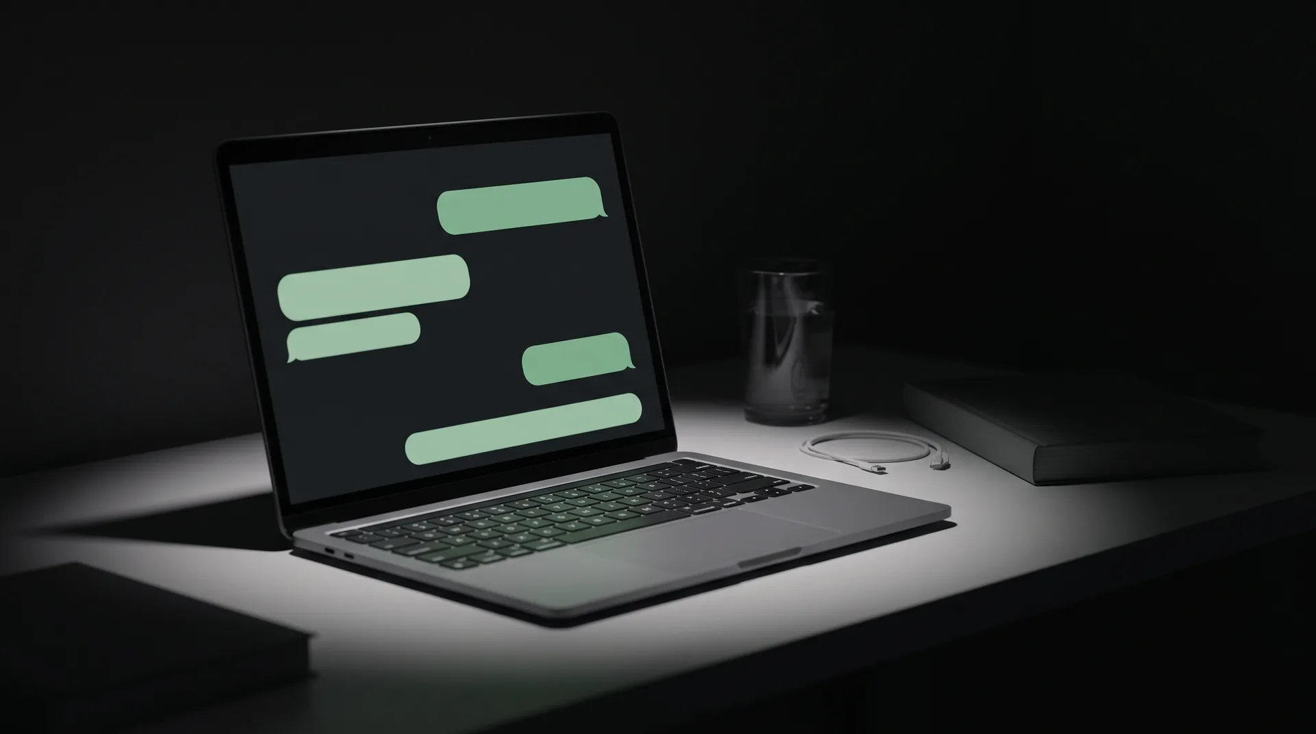 An open laptop on a dark desk at night, its screen showing a chat conversation, with the light falling away sharply beyond the desk.