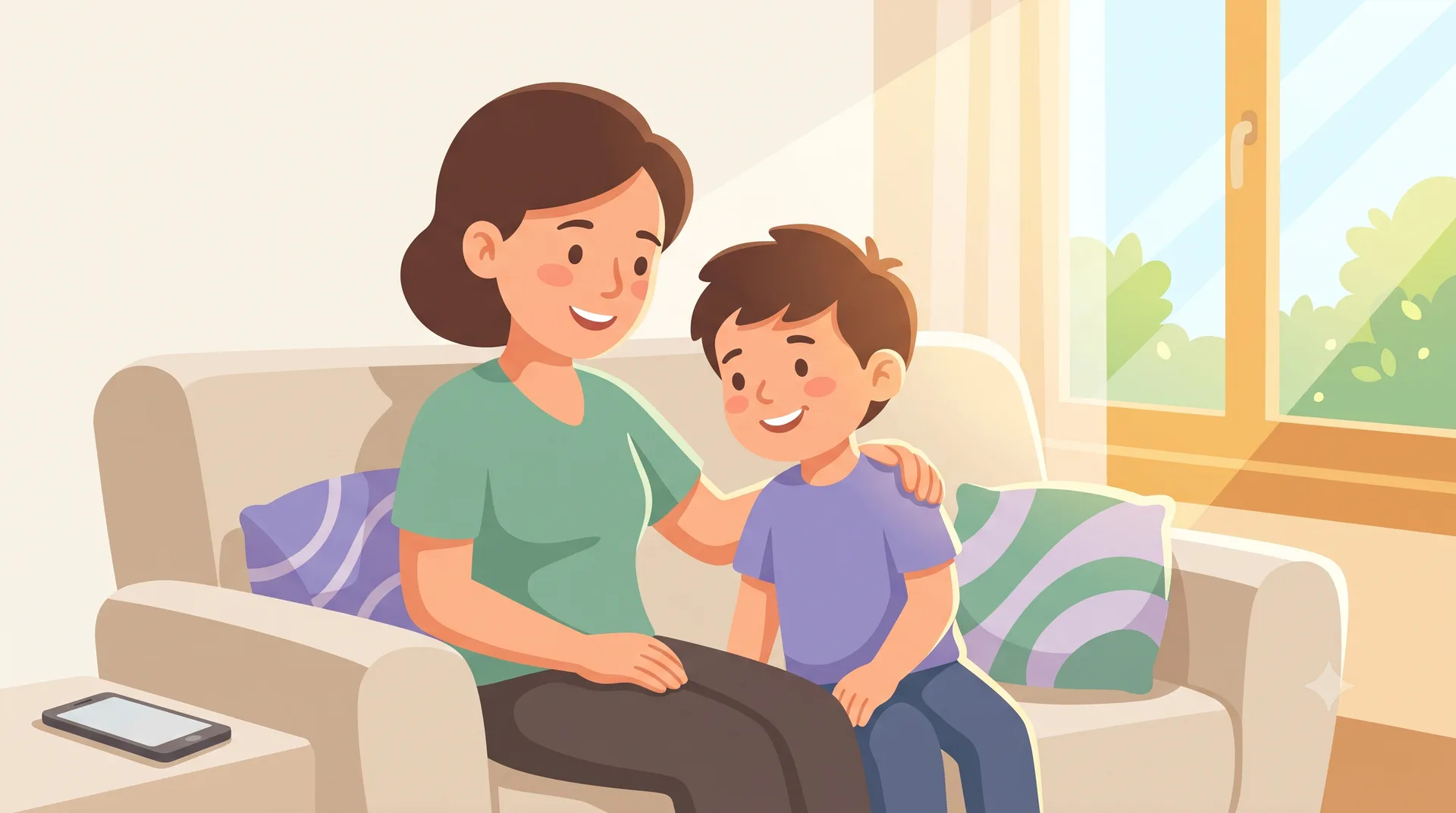 A parent and child sitting together on a sofa at home, smiling and relaxed, a tablet set aside nearby, sharing a calm and connected moment.