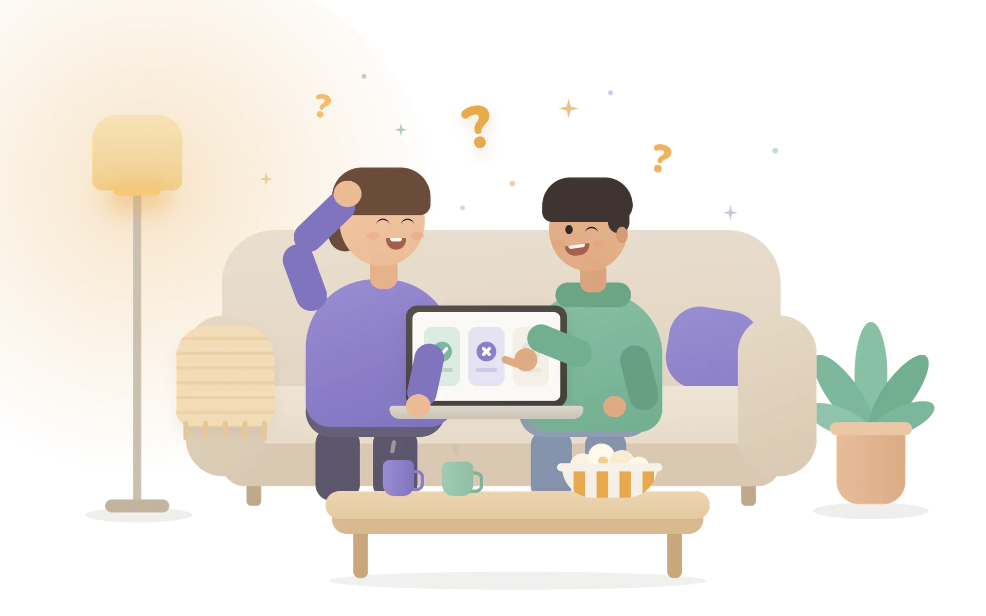 Illustration of a parent and teenager laughing together on a sofa while doing a quiz on a shared laptop, surrounded by sparkles and question marks.