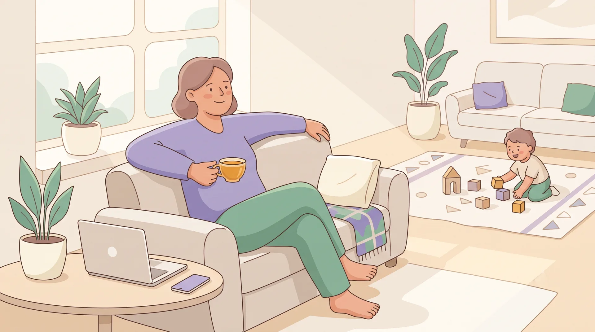 A parent sitting calmly at home with a cup of tea, laptop set aside, looking relaxed and content, with a child playing happily in the background.