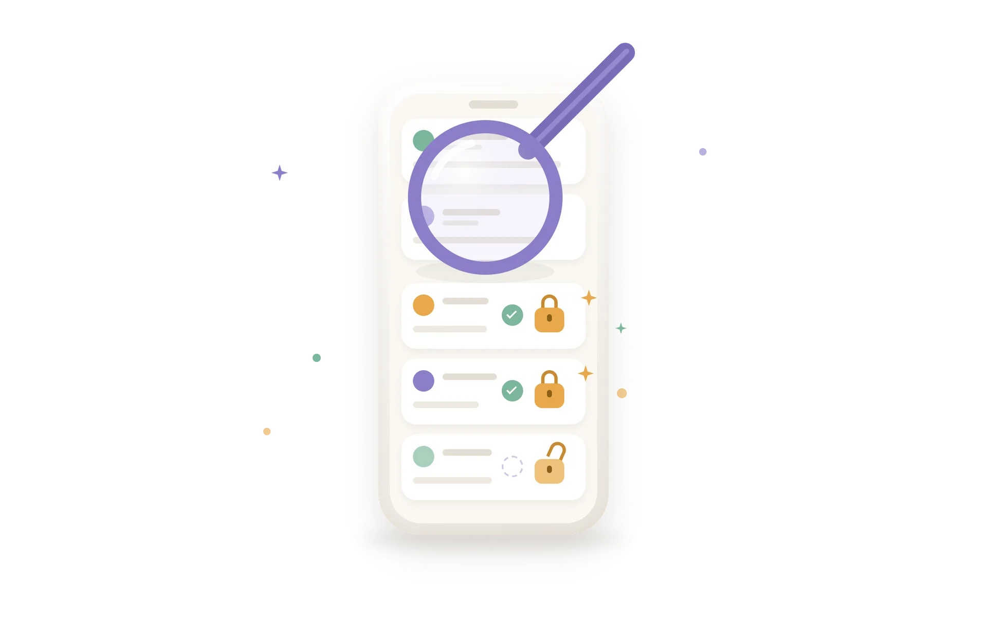 Illustration of a magnifying glass inspecting a smartphone, with two content cards now padlocked and ticked, and one padlock still open.