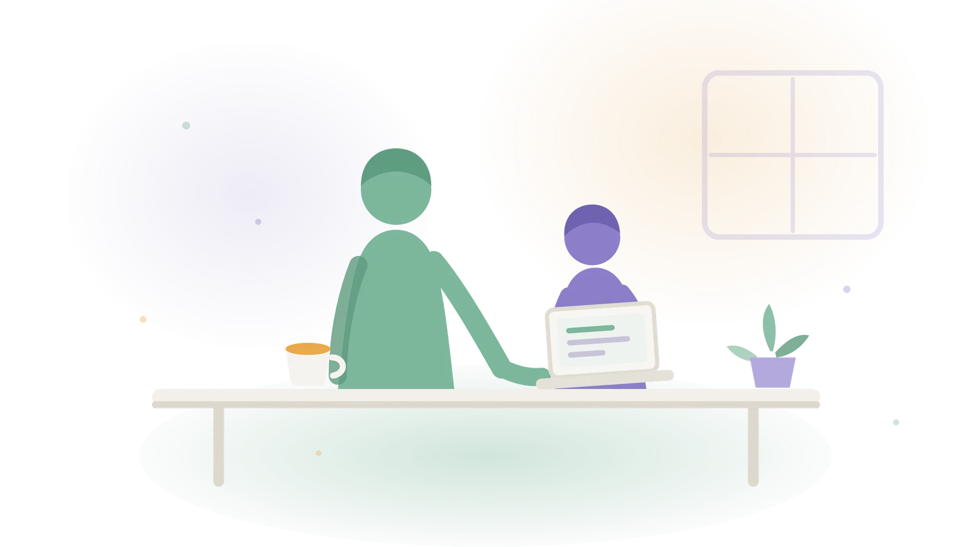 A parent and child sitting together at home, one using a laptop, in a calm, ordinary moment