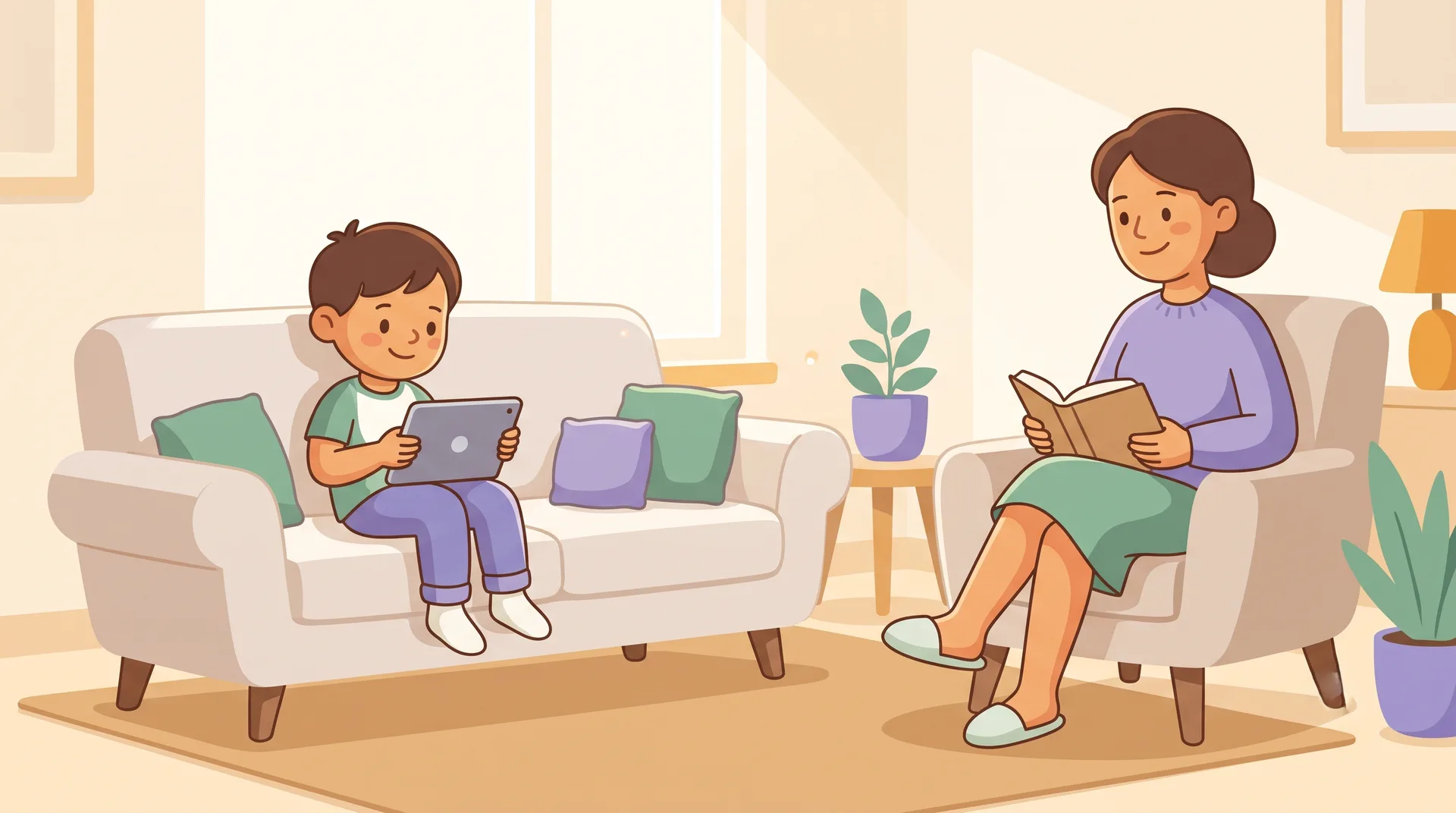 A child happily using a device while a parent sits nearby, relaxed and present without hovering, sharing a calm and trusting moment at home.