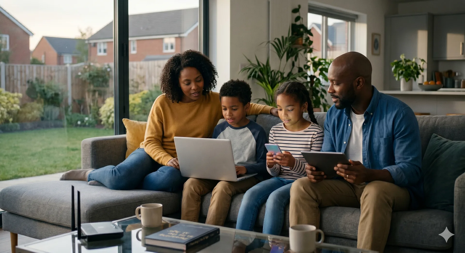 a family looking different technology devices
