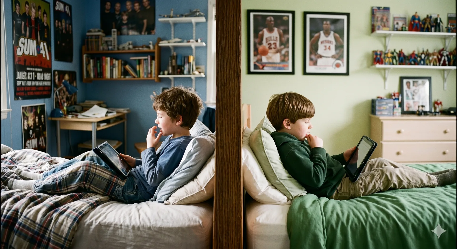 two boys in different rooms sat on their tablet devices talking to AI chatbots