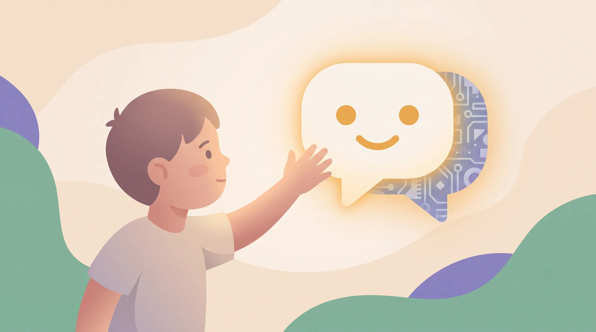 A child reaching toward a warm, glowing friendly chat bubble that is subtly made of circuit-like patterns underneath, hinting it is code rather than a real friend.