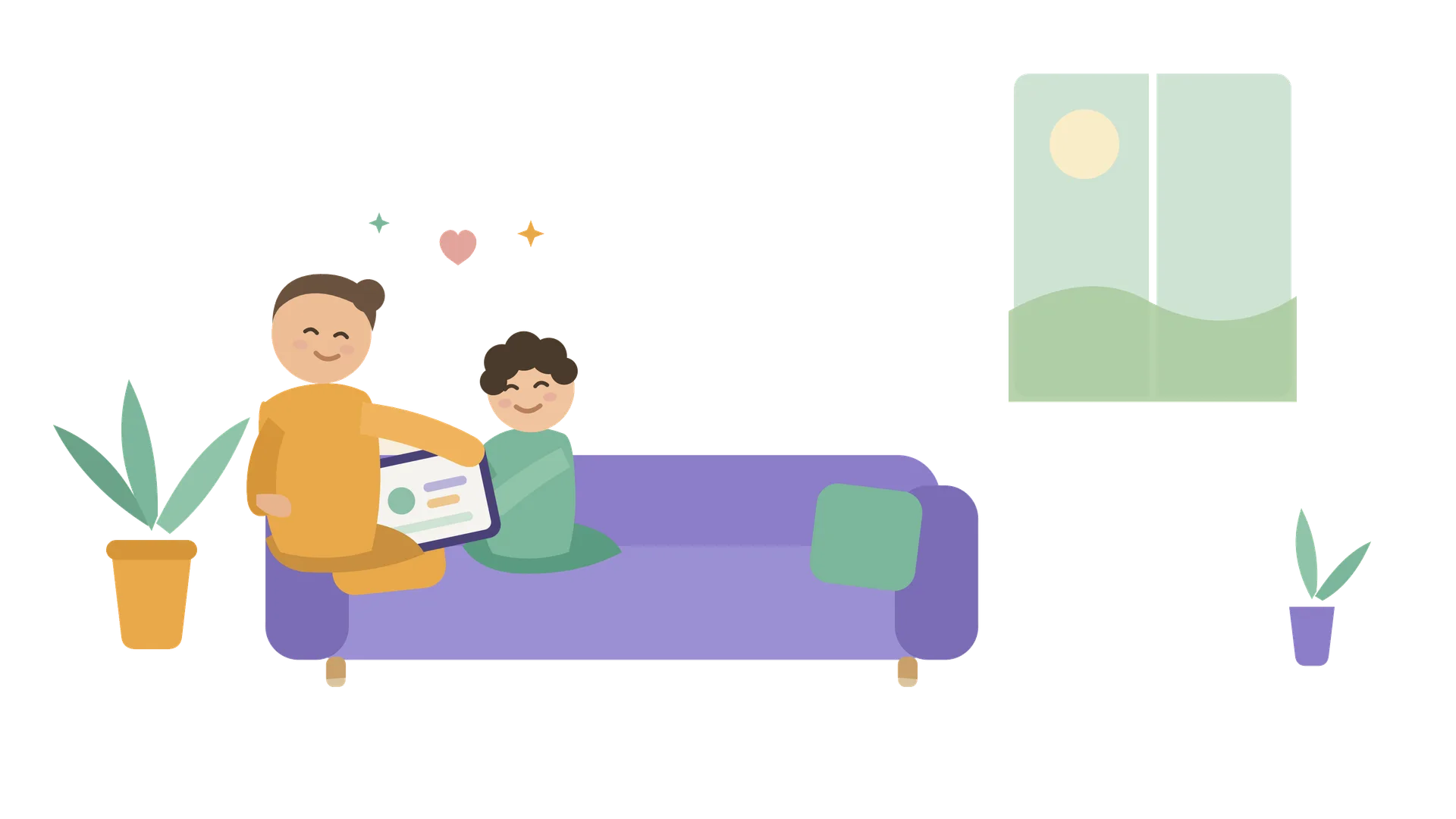 Illustration of a parent and child sitting together on a purple sofa looking at a tablet.