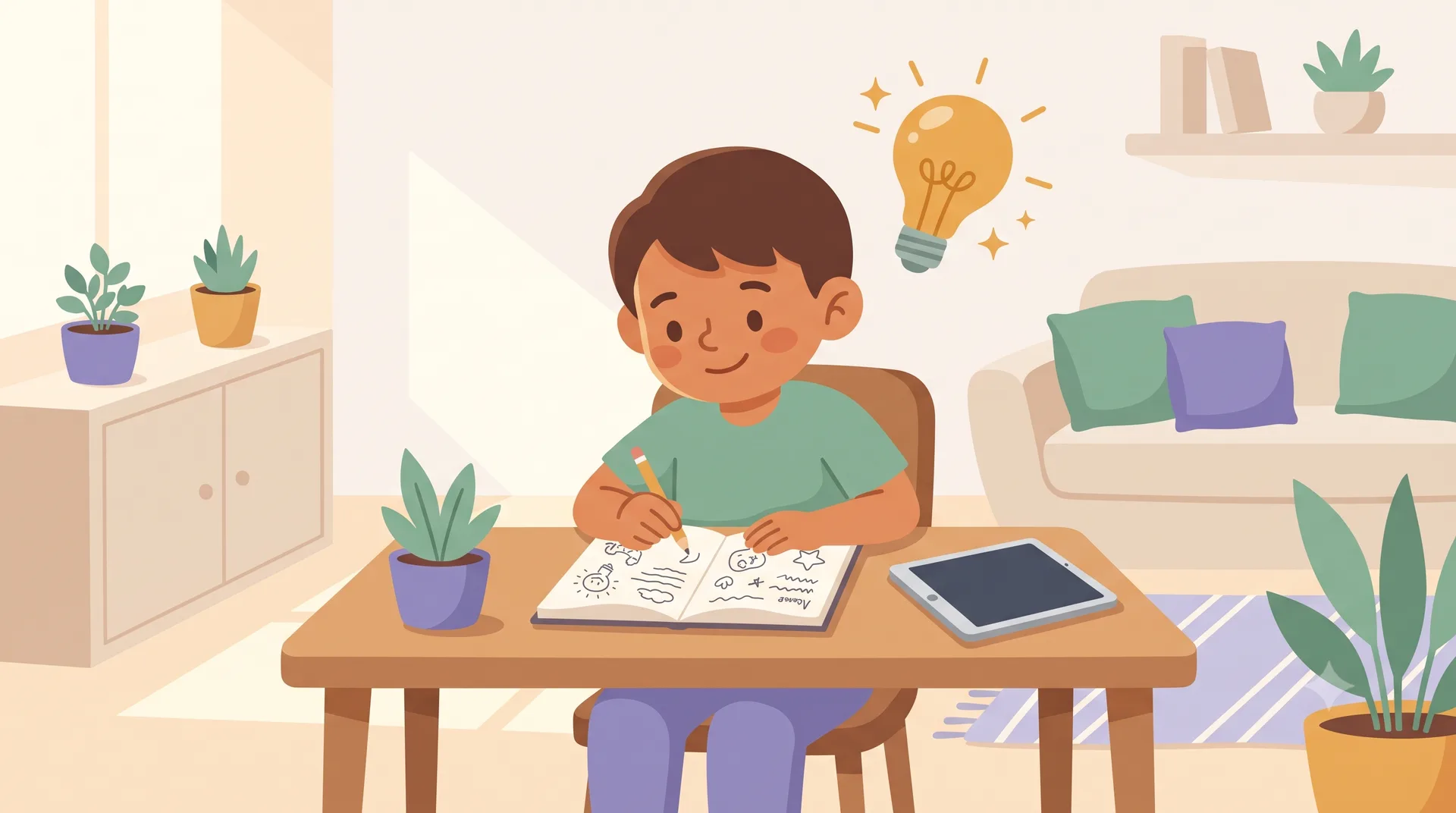 A child sitting happily and absorbed in their own work, writing or drawing in a notebook with a lightbulb of their own idea glowing above them, a tablet set aside nearby.