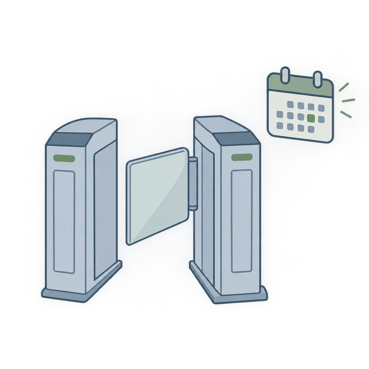 A gate icon standing ajar beside a calendar icon, representing an age check that's easy to pass.